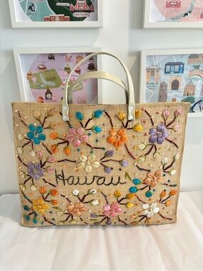 Vintage Embroidered Hawaii Straw Tote Bag raffia Multicolor Flowers beach bag